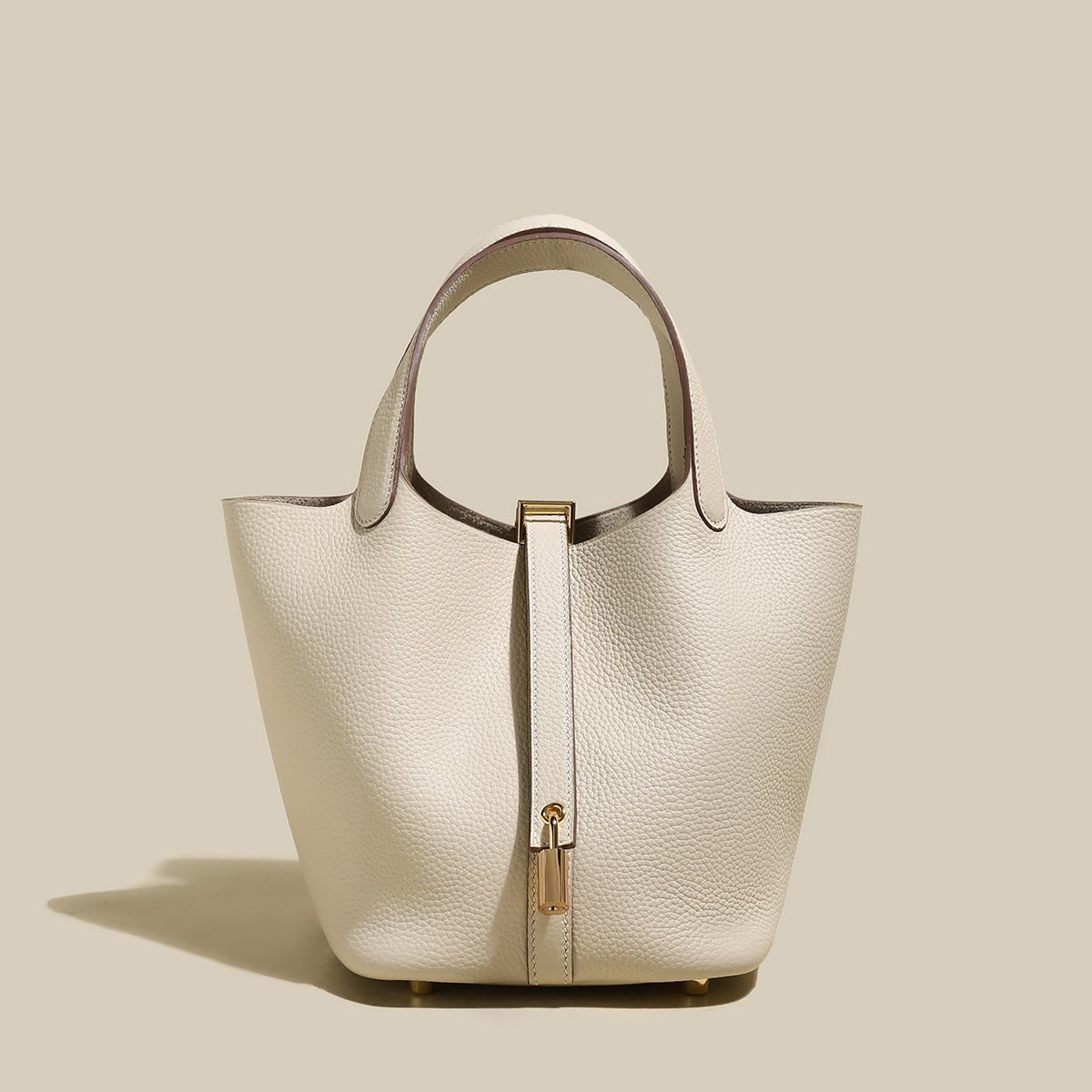 Premium Pebbled Leather Bucket Tote Bag – Minimalist Top-Handle with Gold Padlock Closure & Contrast Stitching