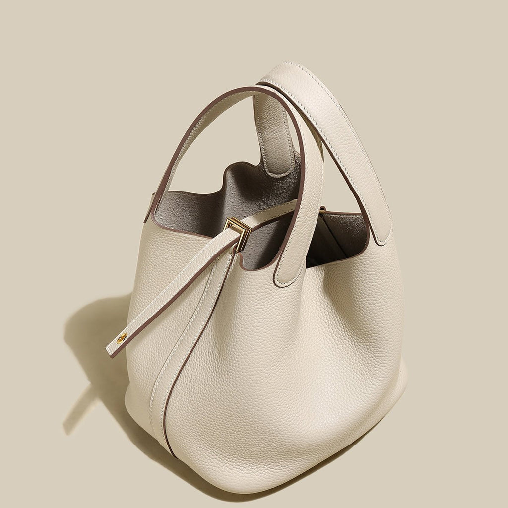 Premium Pebbled Leather Bucket Tote Bag – Minimalist Top-Handle with Gold Padlock Closure & Contrast Stitching